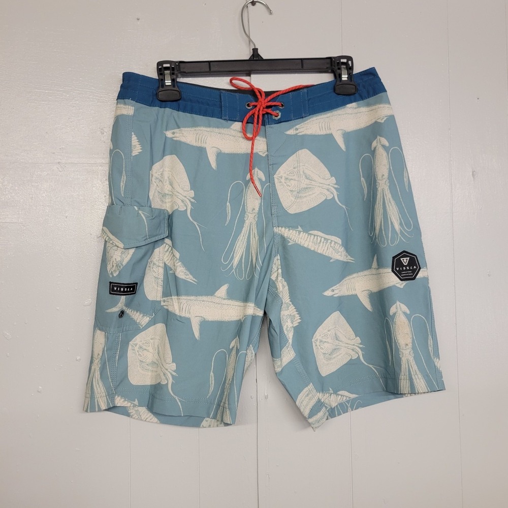 Vissla Waist 31 / Inseam 9.5" Board Shorts with Shoe string Front Tie Fish Print